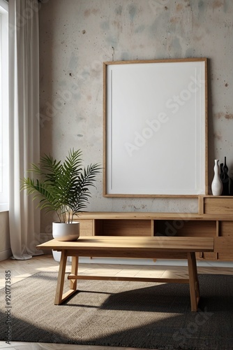 Mockup poster frame in living room interior, 3d render