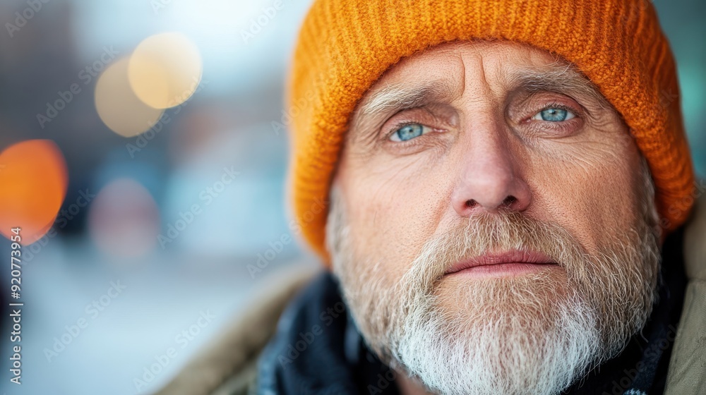 A man with an orange beanie and solemn expression stares intently at the camera in an urban winter setting, wrapped in warm clothing with blurred city lights behind. A man with an orange beanie and solemn expression stares intently at the camera in an urban winter setting, wrapped in warm clothing with blurred city lights behind.