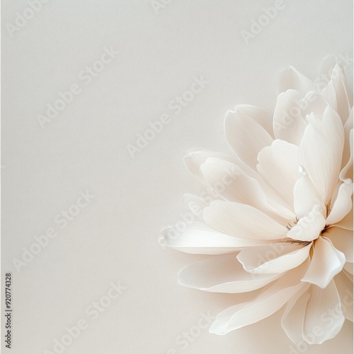 White Flower Minimalism: A delicate white flower blossoms against a soft, creamy background, creating a serene and minimalist aesthetic. Its petals are delicately arranged, capturing a sense of tranqu photo