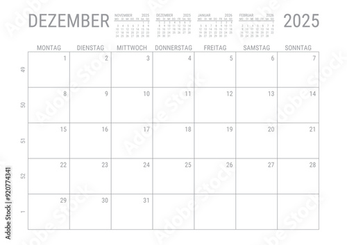 Monat Kalender Dezember 2025 Monatskalender Kalenderblatt Kalendarium mit Kalenderwoche Planer DIN A4 Deutsch	