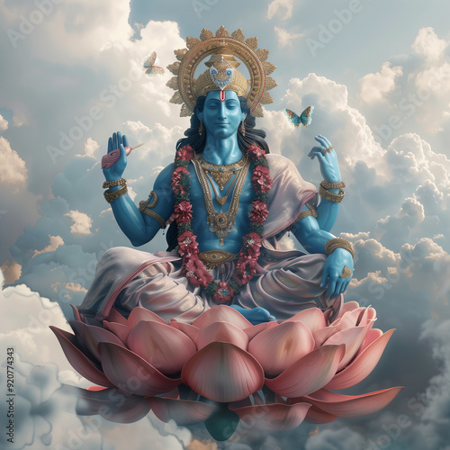 realistic photo indian god vishnu blue skin with muscular body sit on lotus, Fly on the sky around cloud