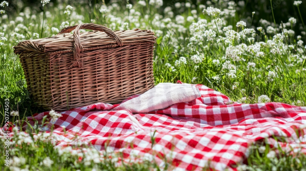 Picnic basket with red checkered duvet on the grass. Picnic gingham plaid Picnic basket with red checkered duvet on the grass. Picnic gingham plaid