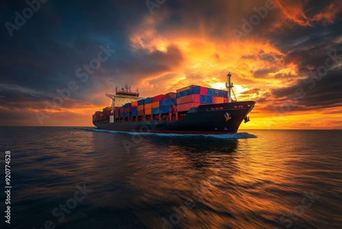 A robust cargo ship navigates through the open ocean waters at sunset, symbolizing the journey and trade relationship between countries across the sea.