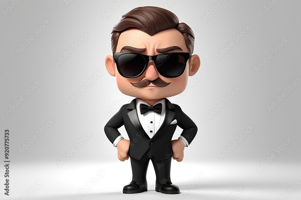 Dashing secret agent with a tuxedo and sunglasses, ready for a mission in 3D design on a white background. Made with generative AI technology Dashing secret agent with a tuxedo and sunglasses, ready for a mission in 3D design on a white background. Made with generative AI technology