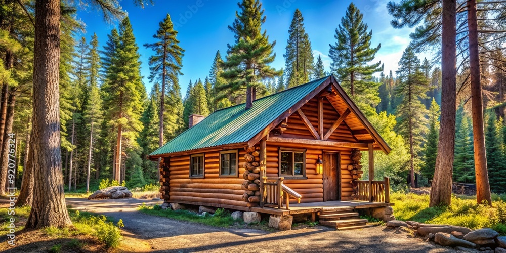 Cozy rustic wooden cabin in the woods surrounded by trees and a clear blue sky , cabin, rustic, wooden, nature, forest Cozy rustic wooden cabin in the woods surrounded by trees and a clear blue sky , cabin, rustic, wooden, nature, forest