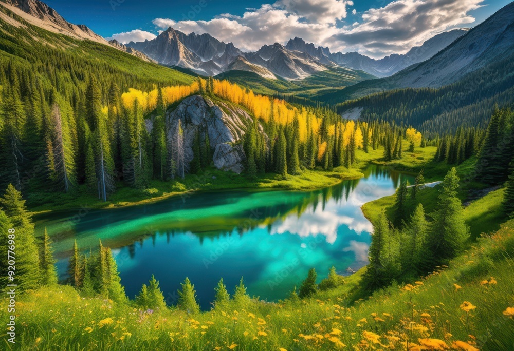 Obraz premium stunning aerial perspectives showcasing pristine natural landscapes majestic lush serene water bodies, views, nature, mountains, forests, untouched