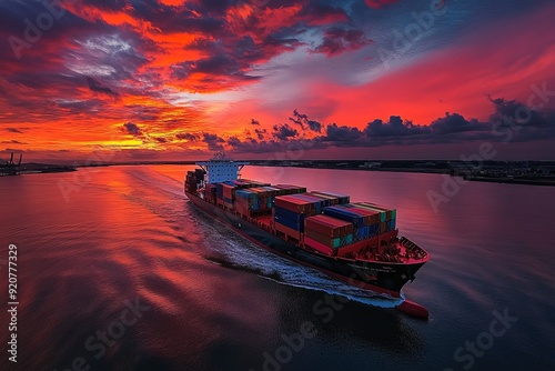 A large container ship cruises through calm waters under a vibrant sunset sky, creating a striking and colorful scene that highlights the juxtaposition of man-made and natural beauty.