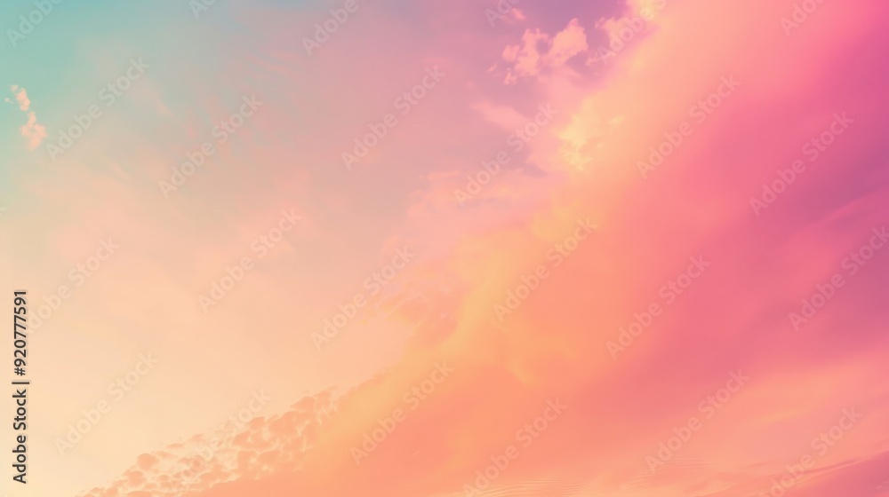 Obraz premium A vibrant sunset featuring vivid pink and yellow cloud formations against a calming blue sky, creating an exquisite interplay of colors and an atmosphere of warmth and peace.