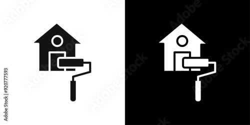 House with roller for painting icon logo set vector