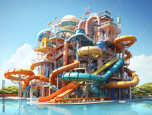 Amazing Amazing aqua park for adult and kid recreation cheerful family and children