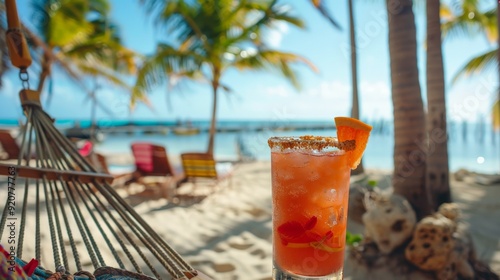 A tropical beverage with an orange slice, showcased on a sandy beach with palm trees and hammock in the background, under bright sunny conditions with clear skies.