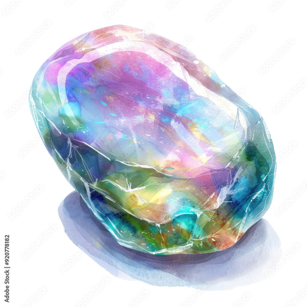 Elegant Watercolor Illustration of a Polished Opal Gem with Luminous Colors Elegant Watercolor Illustration of a Polished Opal Gem with Luminous Colors