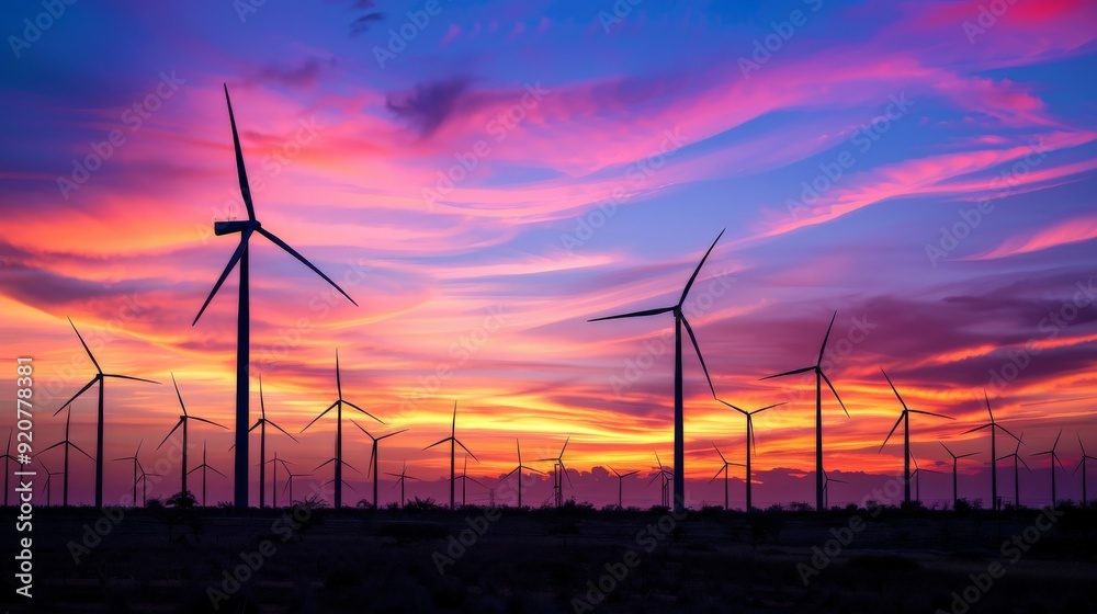 Obraz premium An expansive wind farm set against a colorful and dramatic sunset sky, showcasing the expansive beauty of renewable energy and the natural environment.
