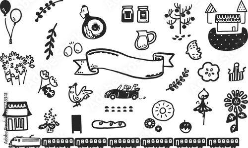 夏から秋へ移る季節のイメージ　モノクロアイコン　セットストックイラスト素材
