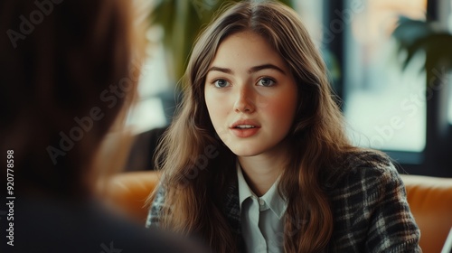 Wallpaper Mural Young woman engages in conversation at a cozy cafe during daylight hours Torontodigital.ca