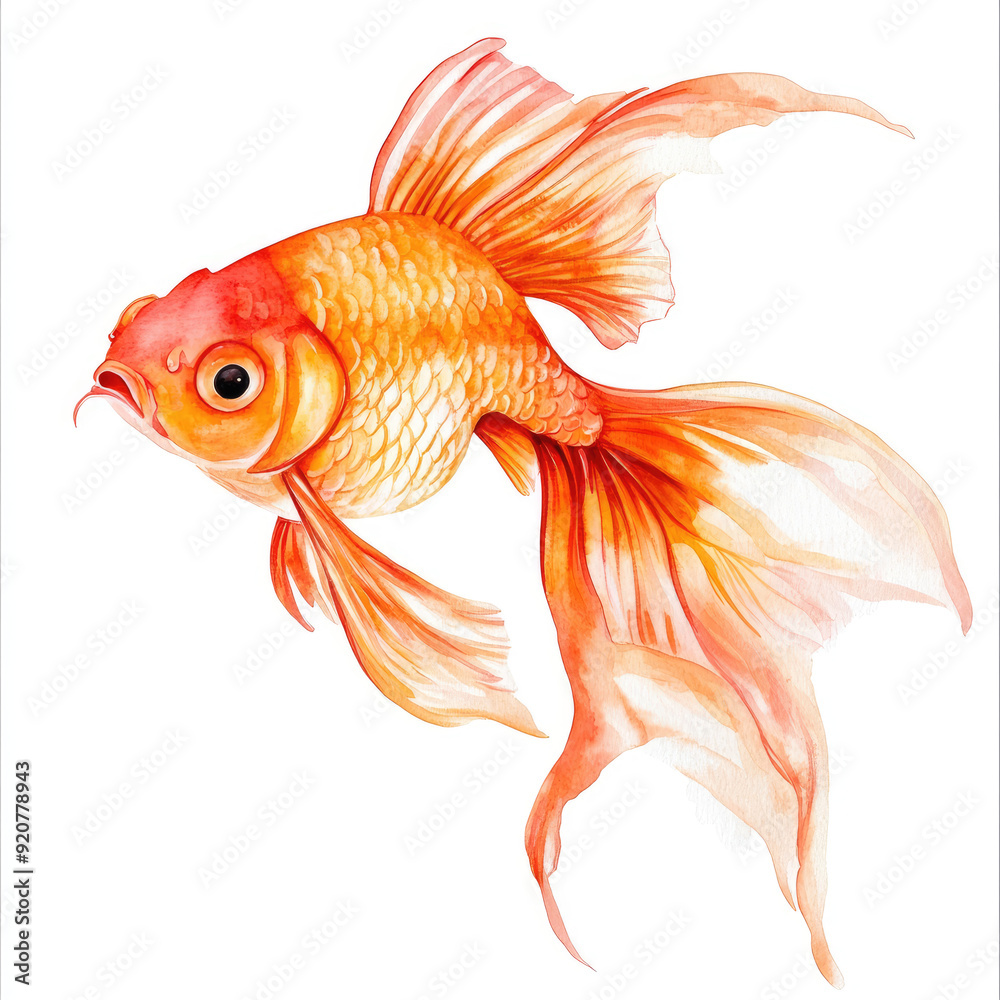 Fototapeta premium Serene Watercolor Illustration of a Goldfish Swimming in Tranquil Waters