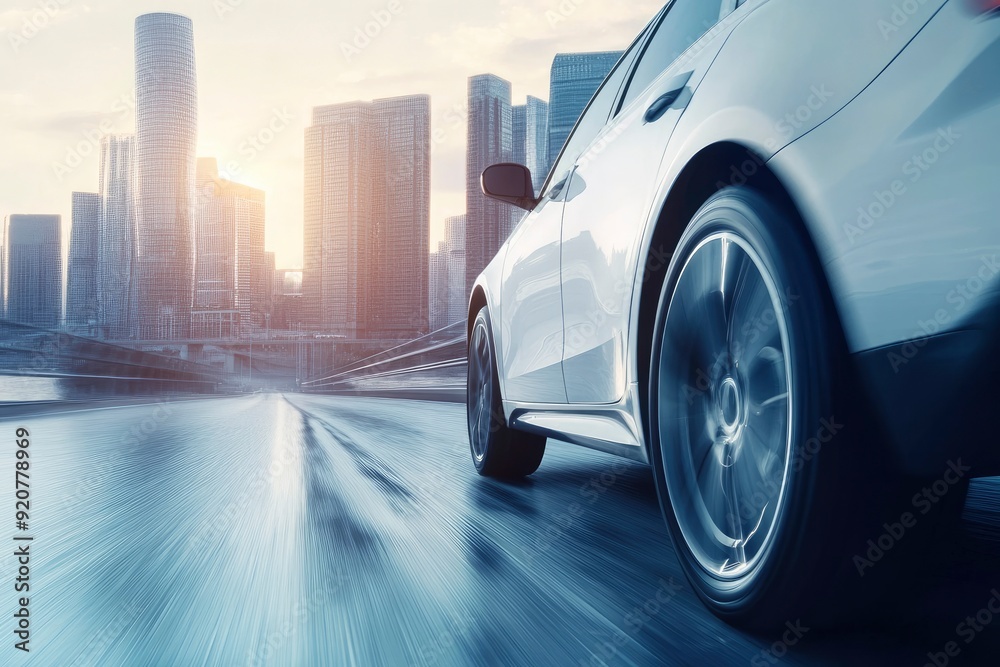 Fototapeta premium Dynamic running car on road, city background with generative ai