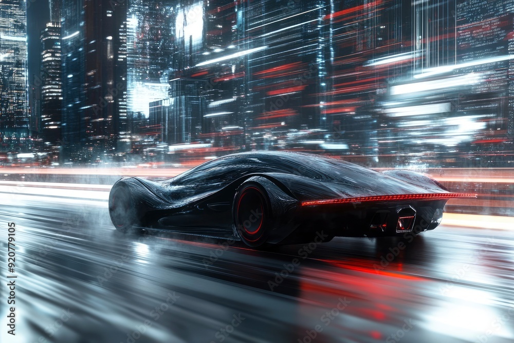 Dynamic running car on road, city background with generative ai