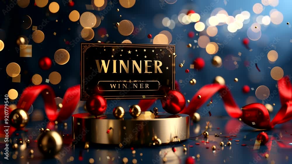 Gold podium and red ribbon with text 
