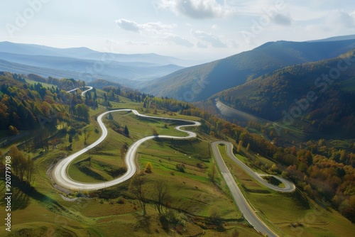 Winding road - Lovcensky serpentine with dangerous turns that leads to the top of the Montenegrin mountains covered with vegetation. Beautiful simple AI generated image in 4K, unique. photo