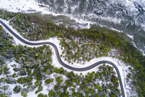 Overhead View Of Vehicles Driving On Serpentine Highway In Cheile Bicazului, North-eastern Romania. Aerial Shot. Beautiful simple AI generated image in 4K, unique.