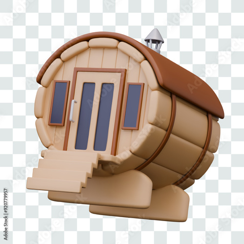 Realistic round sauna with windows. Mini house for swimming, relaxation