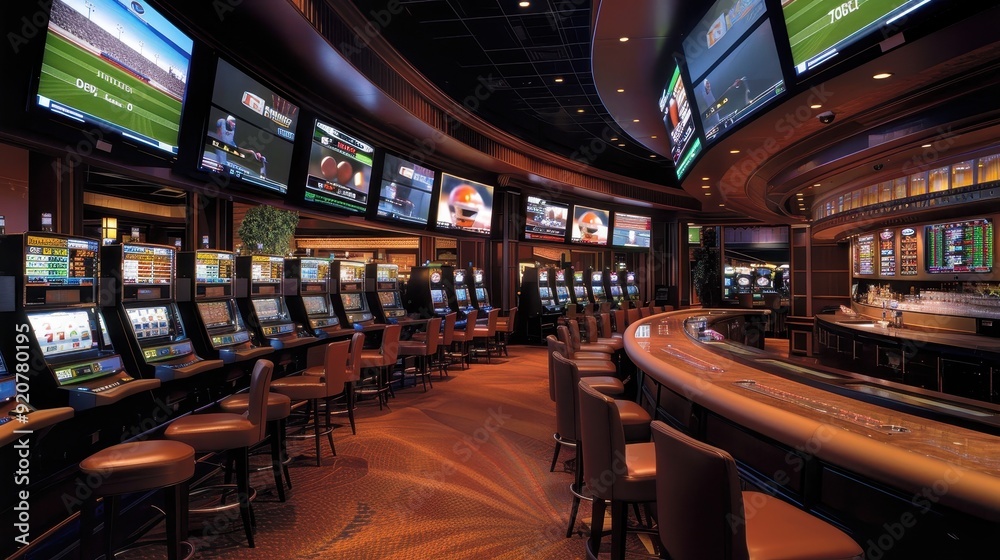 Fototapeta premium Customers are enjoying their time at the slot machines while watching sports games on large screens