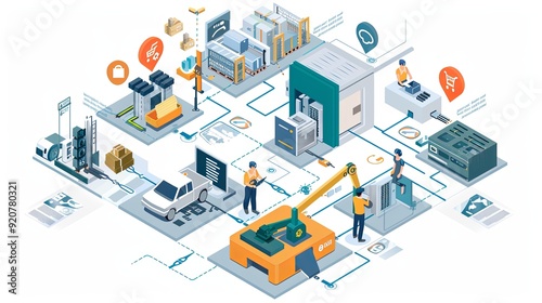 An isometric illustration showing a network of interconnected IoT devices monitoring a fully automated warehouse, with workers using tablets to oversee operations