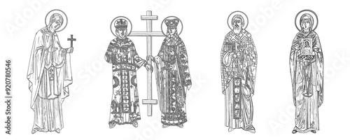 Saints. Names: Saint Parascheva of the Balkans, Saint Constantine and Helena, Saint Sava Serbian. Coloring page in Byzantine style photo