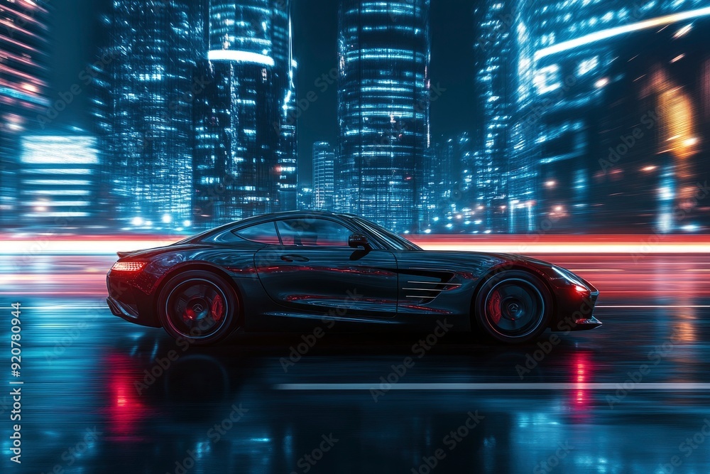 Dynamic running car on road, city background with generative ai Dynamic running car on road, city background with generative ai