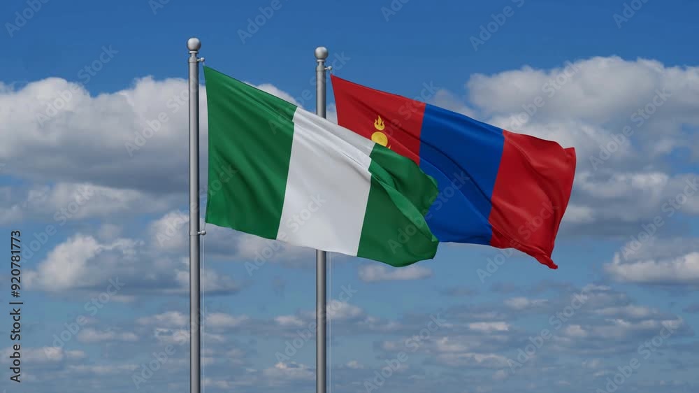 Mongolia and Nigeria flags flying together, video concept of the relationship, two country cooperation concept Mongolia and Nigeria flags flying together, video concept of the relationship, two country cooperation concept