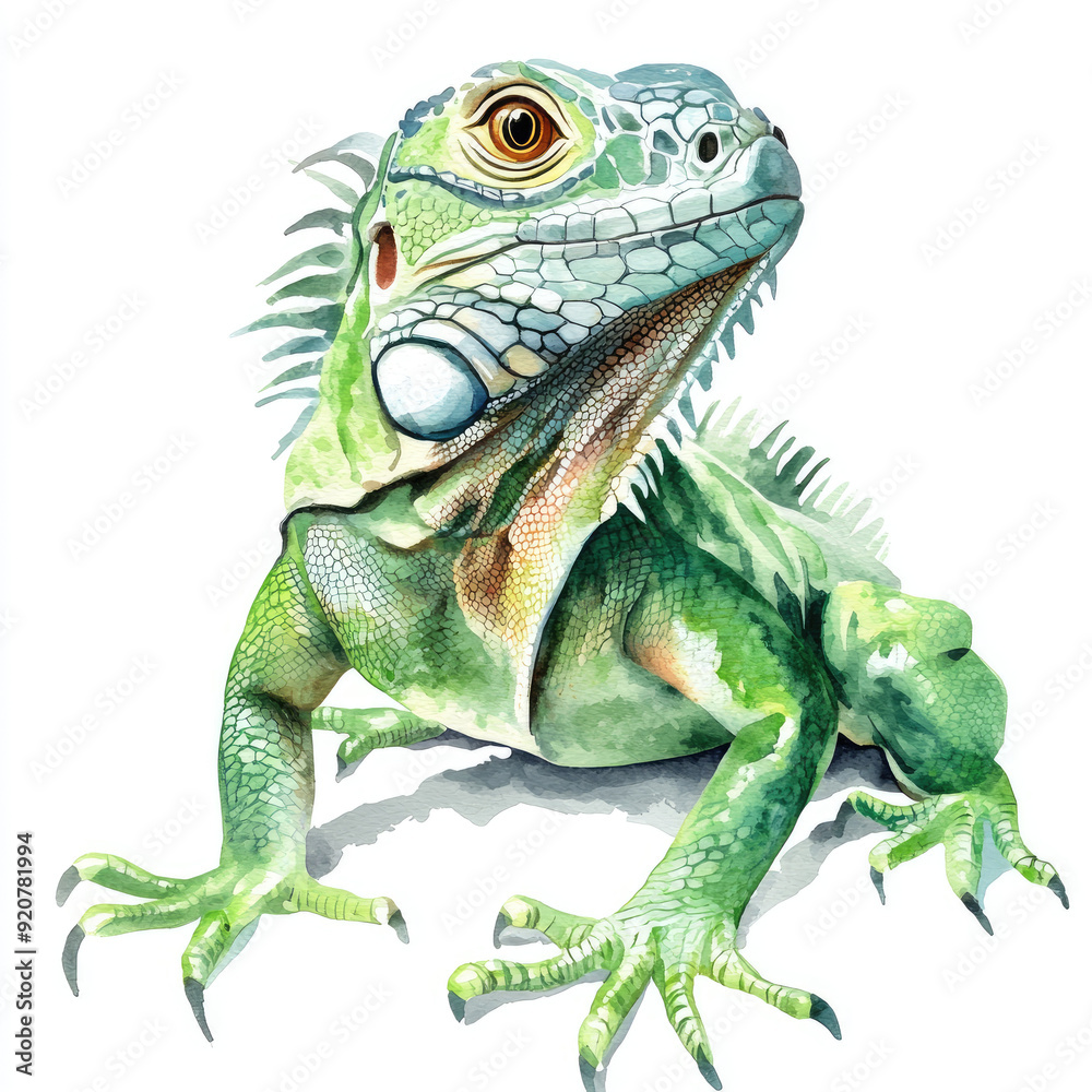Fototapeta premium Bright Watercolor Illustration of a Vibrant Green Iguana with Intricate Details