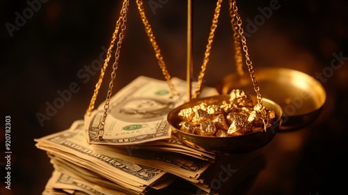 Money and gold together in weight scale