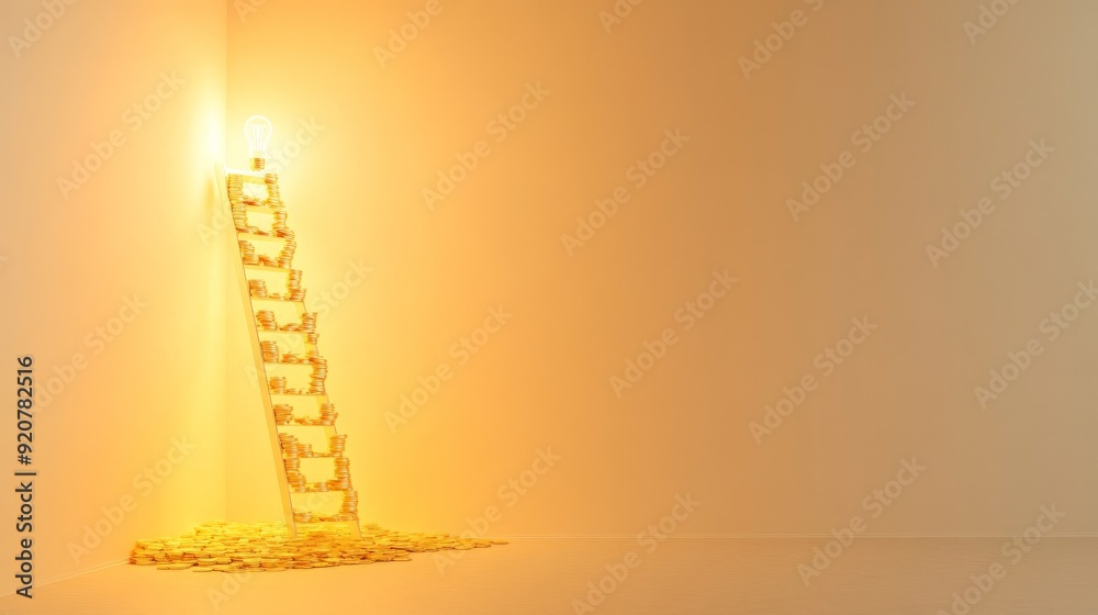 Ladder made of gold coins leading to a light Ladder made of gold coins leading to a light