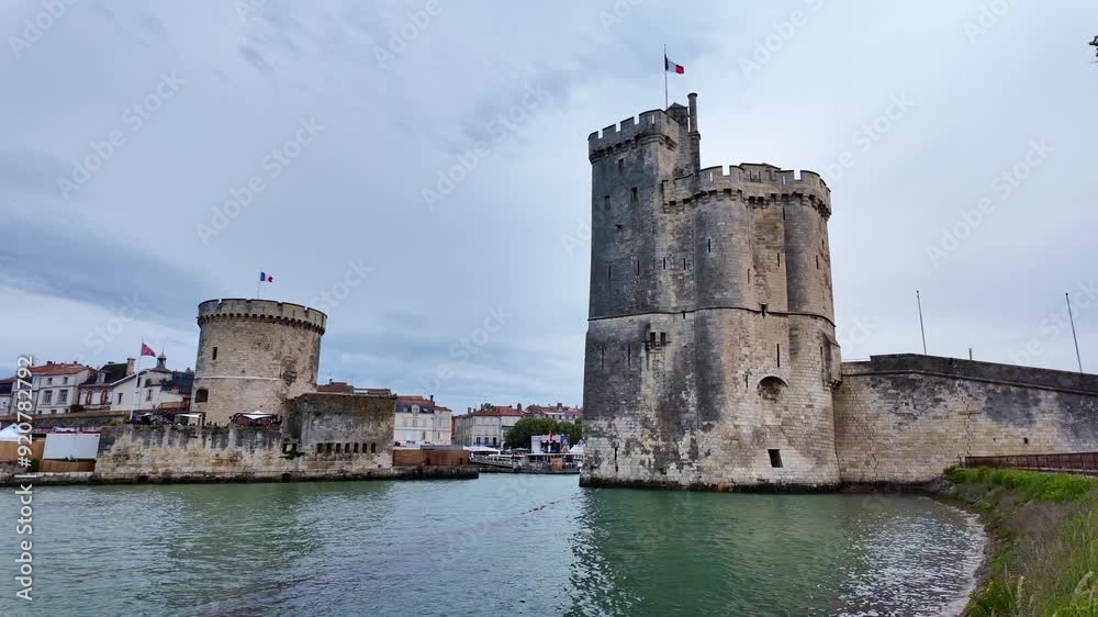 Panoramic view about the Saint Nicolas Tower and lantern tower, La Rochelle, France. Panoramic view about the Saint Nicolas Tower and lantern tower, La Rochelle, France.