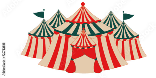 circus, tent, carnival, red, sky, fun, entertainment, blue, fair, amusement, festival, vector, summer, park, white, marquee, illustration, show, colorful, top, yellow, event, big top, clown, striped