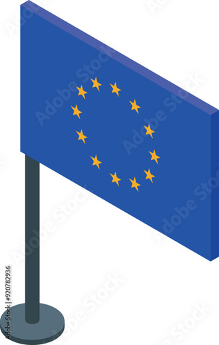 Blue european union flag with twelve golden stars waving on flagpole isometric icon isolated on white background