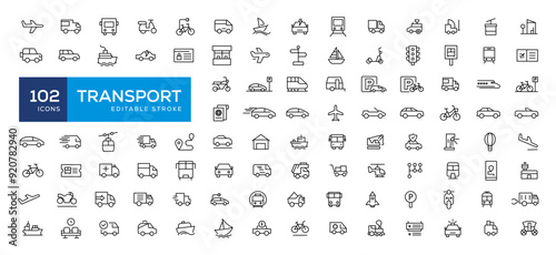 Vehicle and Transport line icon set. Containing car, bike, plane, train, bicycle, motorbike, bus and scooter icons. Transportation Simple line icon collections