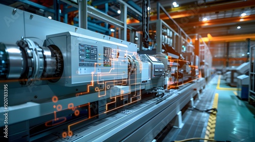 A large industrial facility with machines controlled by variable frequency drives, demonstrating precise energy management with dynamic visuals of power usage and efficiency