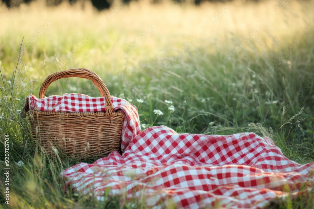 Picnic basket with red checkered duvet on the grass. Picnic gingham plaid Picnic basket with red checkered duvet on the grass. Picnic gingham plaid