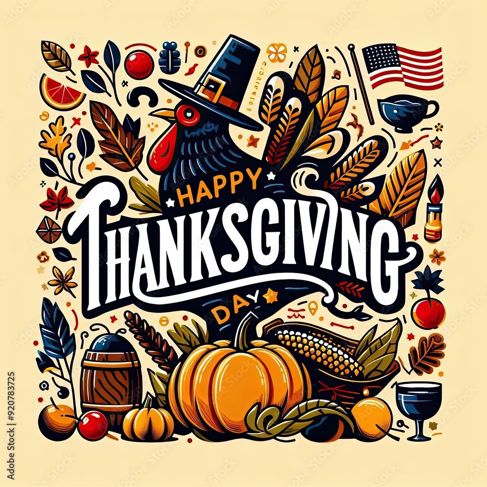 Fototapeta premium Typography letter Happy Thanksgiving Day template background. Vector illustration. AI generate