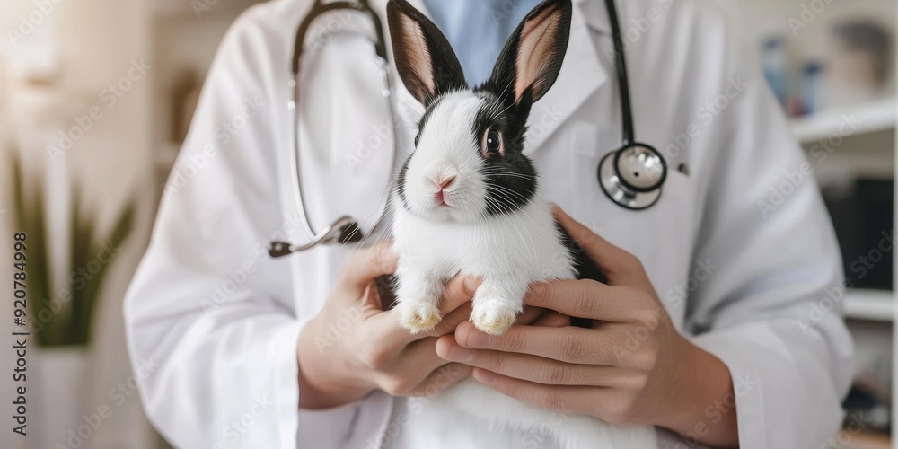Fototapeta premium Compassionate Veterinary Care An Experienced Veterinarian Providing Expert Care for a Beloved Rabbit, Ensuring Their Health and Happiness While Fostering a Loving Environment for All Pets