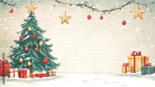 Christmas tree with presents and decorations on a snowy background.