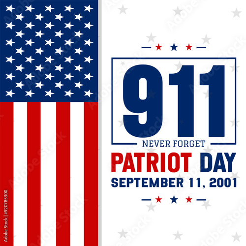 September 11th 911 Patriot Day memorial - American flag, Twin Towers, NYC skyline, We Will Never Forget, USA remembrance, tribute illustration for patriotism.