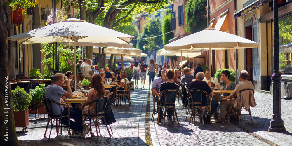 custom made wallpaper toronto digitalOutdoor cafe scene with people enjoying their coffee at small tables, shaded by umbrellas, in a charming European street setting.