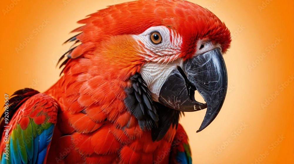 portrait of a scarlet macaw parrot on orange background portrait of a scarlet macaw parrot on orange background