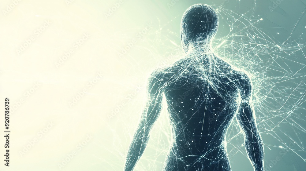 A futuristic portrayal of an evolving human with robotic integration. The image features a half-robot figure with digital veins coursing through the body, growing circuitry that enhances the form A futuristic portrayal of an evolving human with robotic integration. The image features a half-robot figure with digital veins coursing through the body, growing circuitry that enhances the form