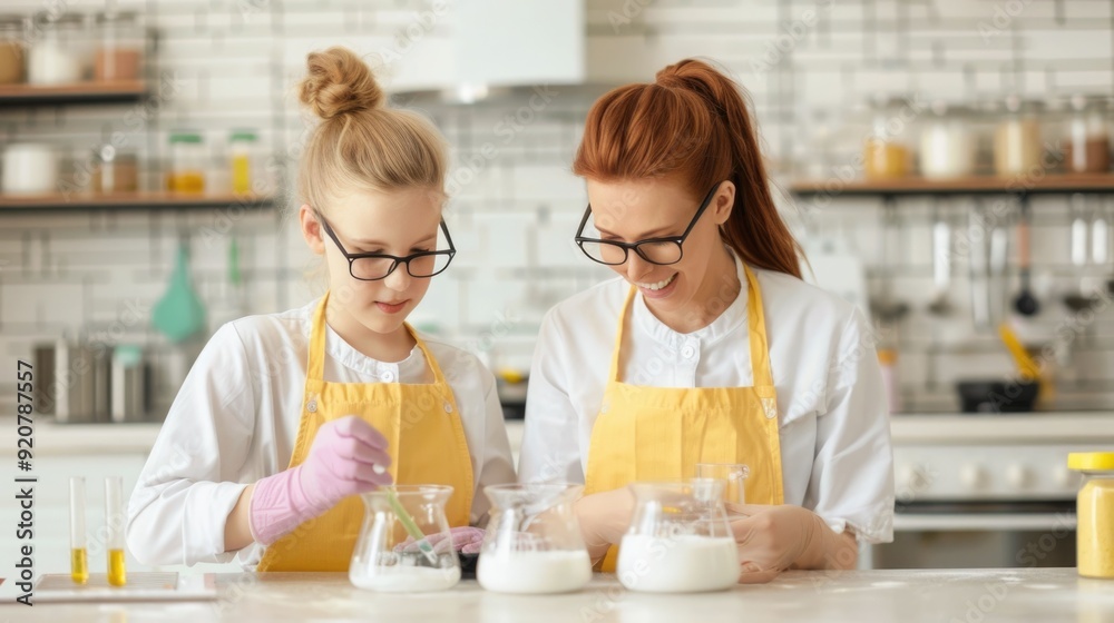 Mother and Daughter Conducting Scientific Experiment or Research in Home Kitchen Environment Mother and Daughter Conducting Scientific Experiment or Research in Home Kitchen Environment