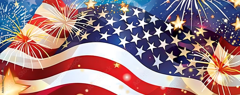 Obraz premium American Flag Waving with Fireworks and Stars
