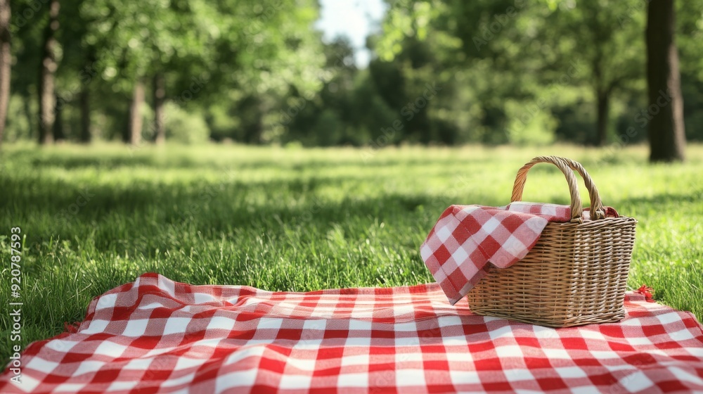 Picnic basket with red checkered duvet on the grass. Picnic gingham plaid